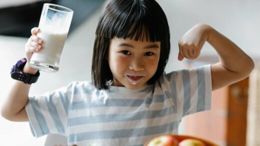 asian girl with milk on lips